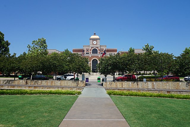 The City Hall, seen from the Wayne Ferguson Plaza. Lewisville, TX.